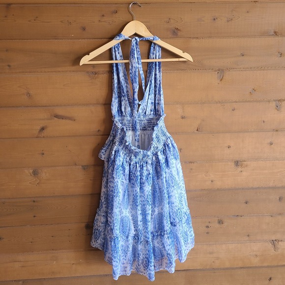 Anthropologie Saylor Blue Holly Dress Halter Criss Cross Back Smocked Large Boho - Picture 3 of 6